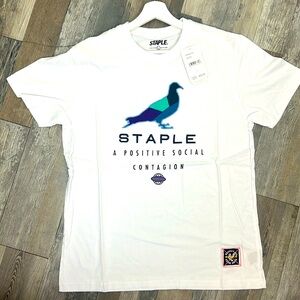 Staple pigeon, a positive, social contagion white tee T-shirt NWT Embroidered L